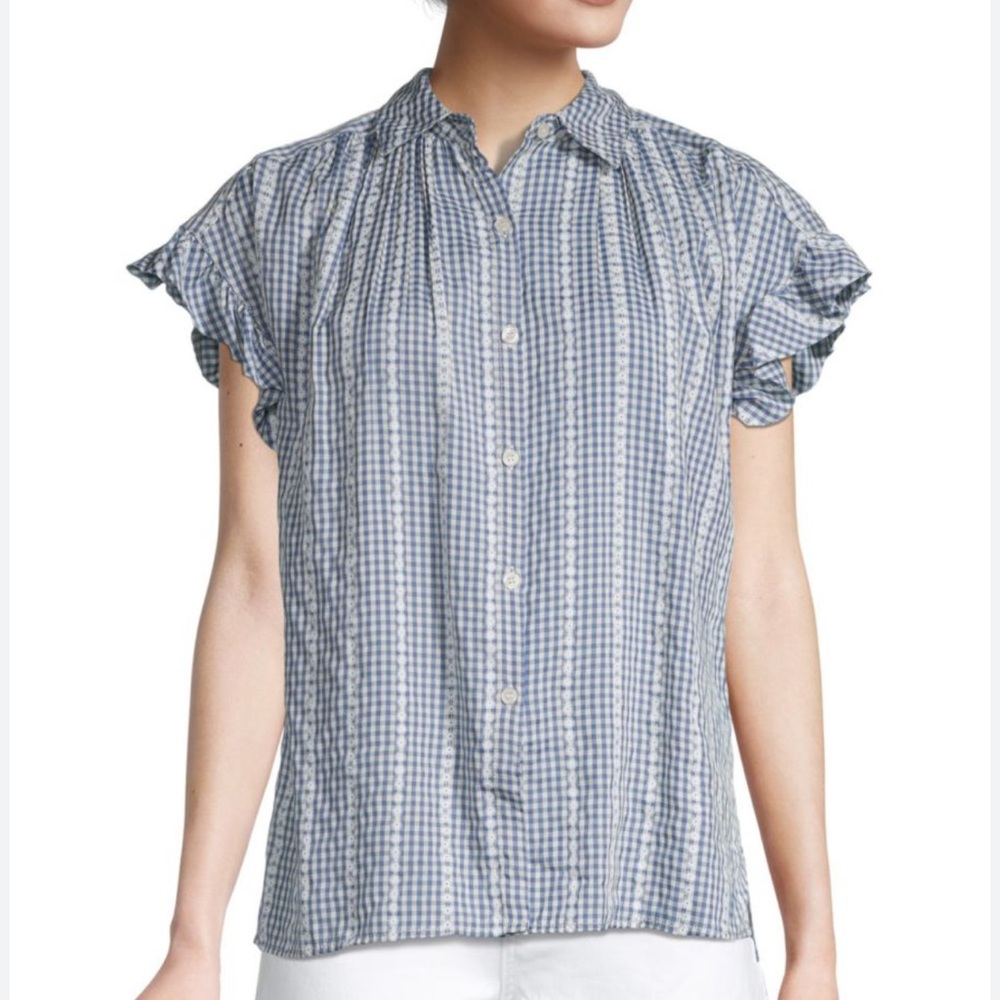 Max Studio gingham ruffle sleeve printed button down blouse size S NWT